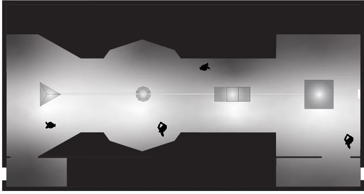 Plan du parcours : les quatre structures alignées dans la salle, halos au sol et silhouettes des visiteurs.