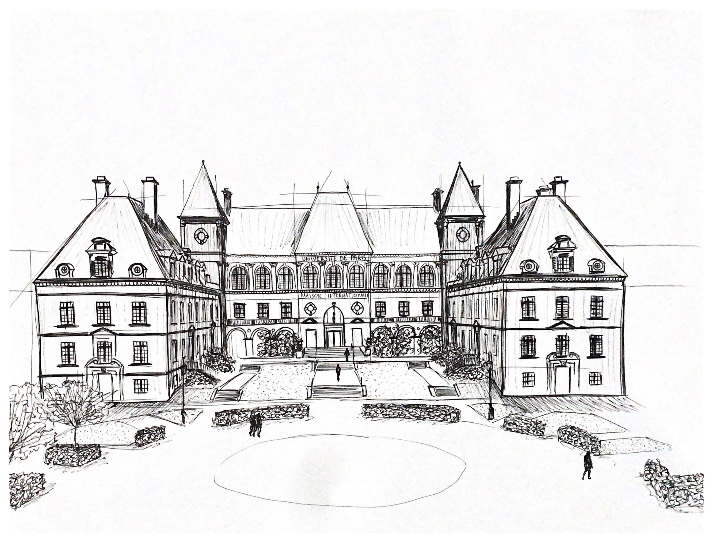 Dessin à l'encre de la Maison Internationale de la Cité Universitaire, vue depuis le parvis.