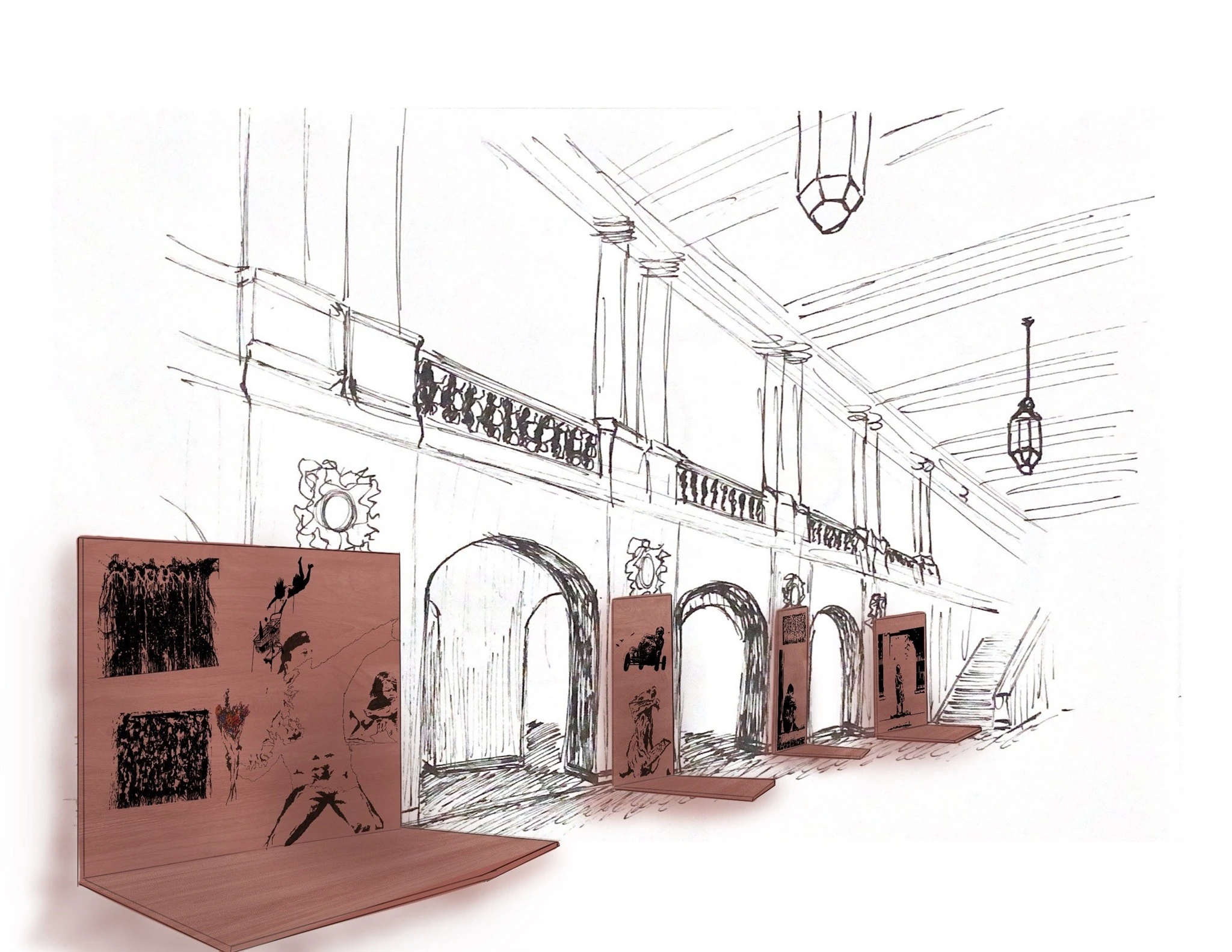 Croquis du hall, panneaux de bois façon pochoir.