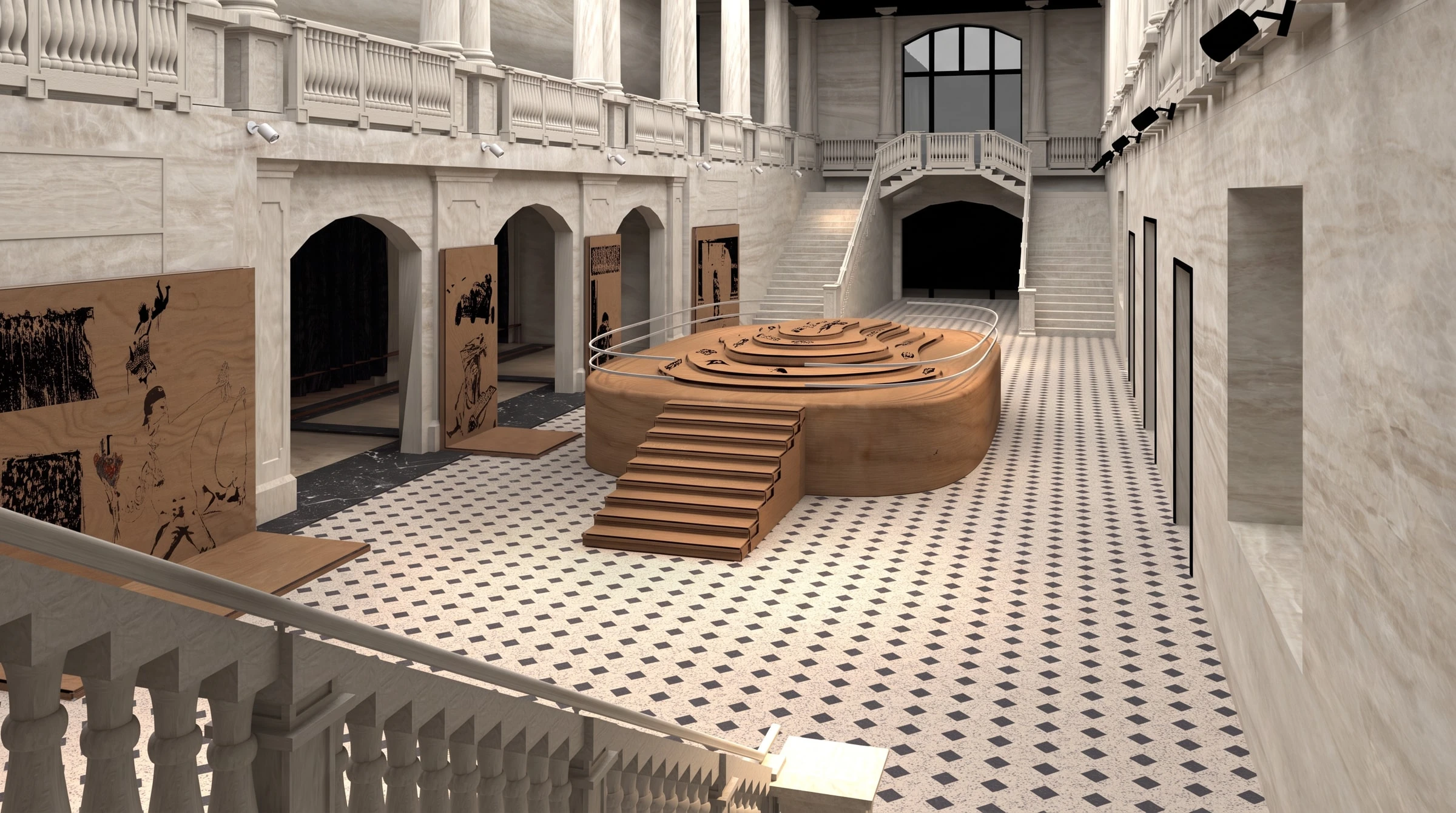 Le hall en plongée, rendu 3D.