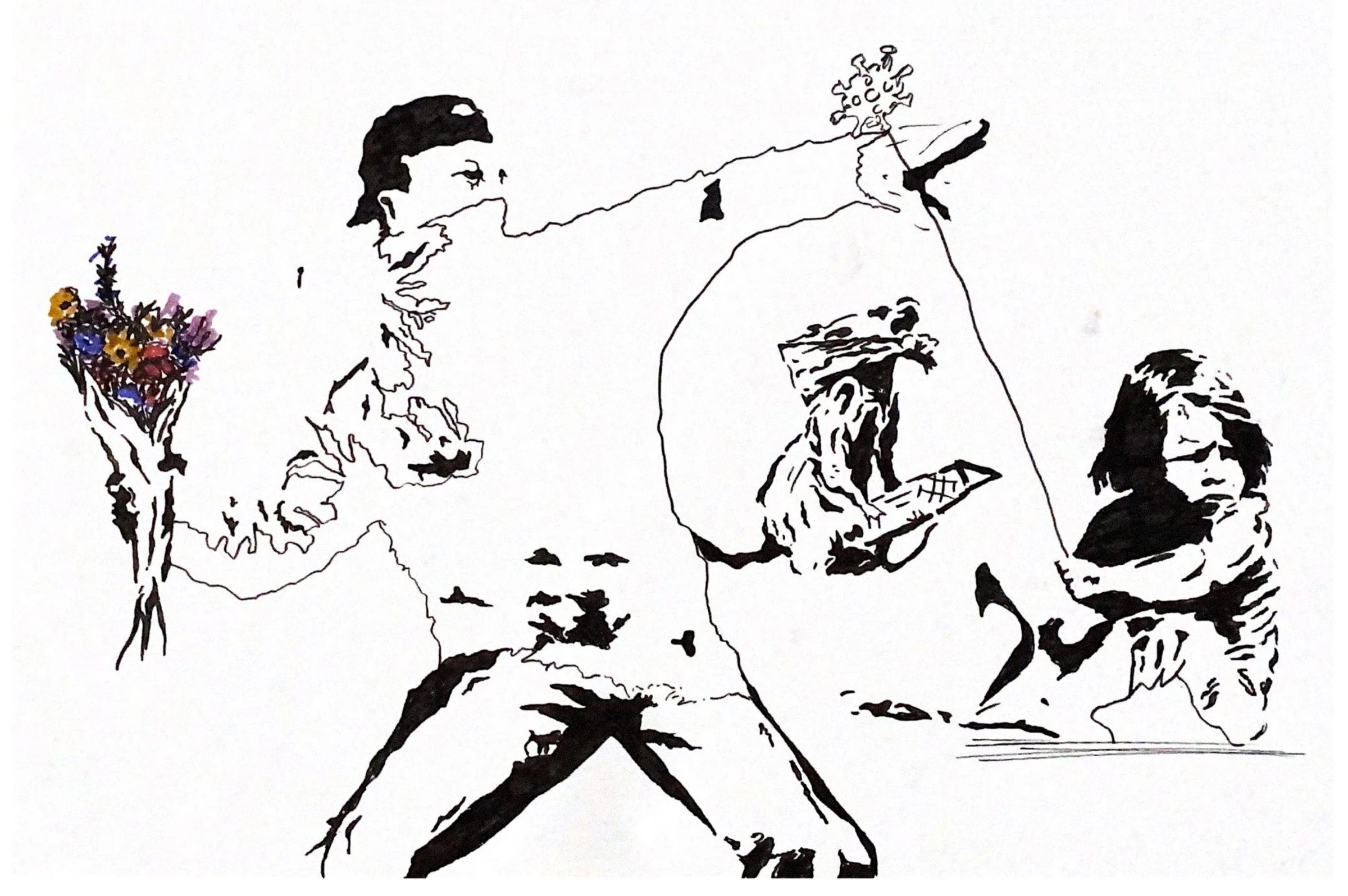 Pochoir à l'encre : une silhouette à la casquette tend un bouquet.
