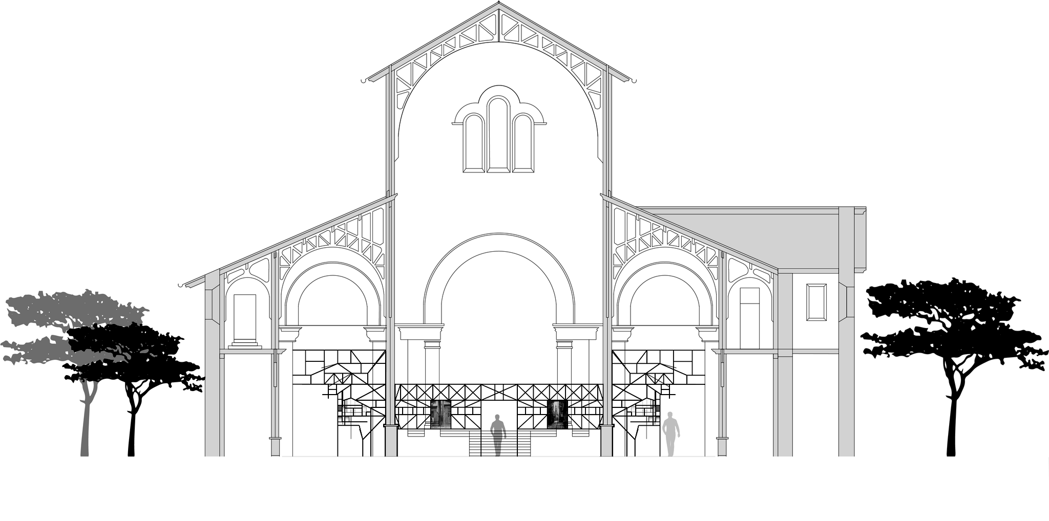 Élévation du bâtiment avec la résille bois superposée, au trait.