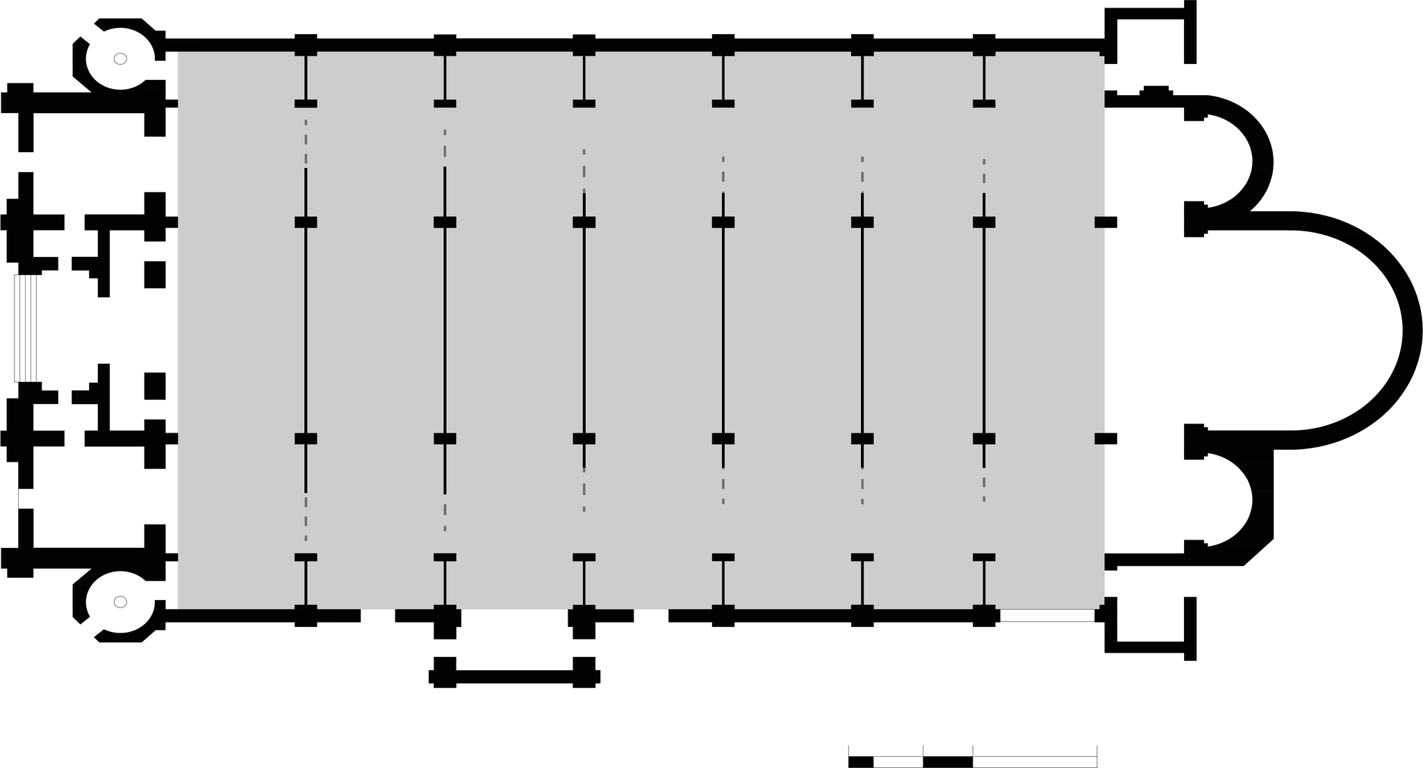 Plan de l'église au 1/100e, 37,7 m de long, au trait.