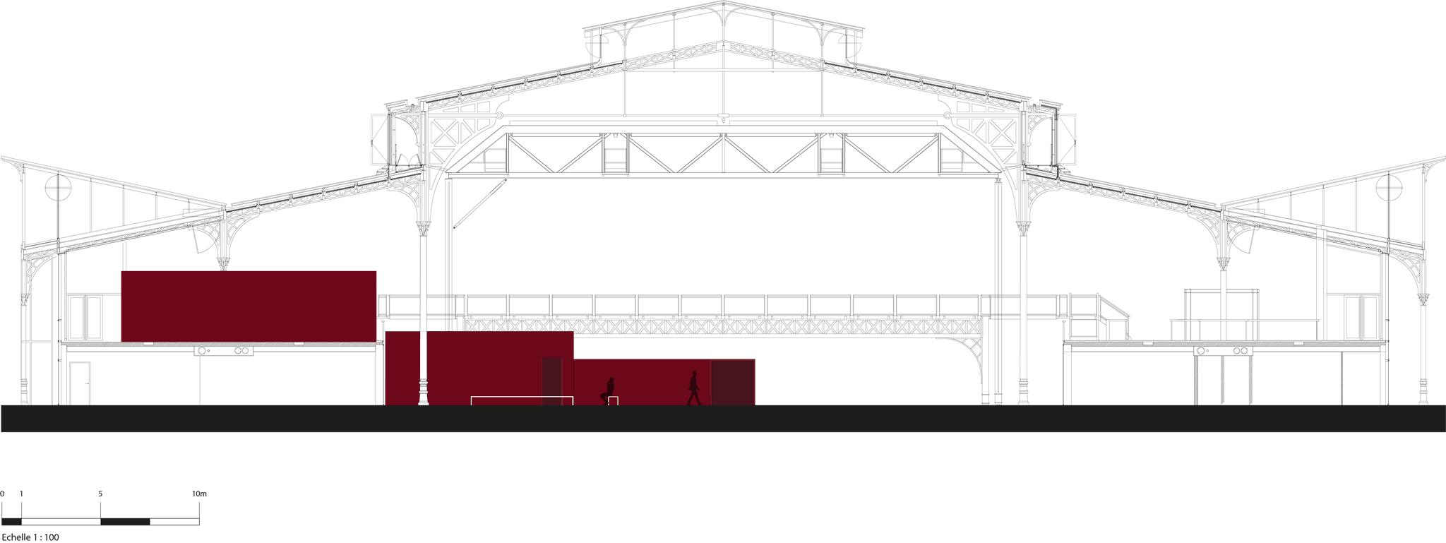 Coupe d'ensemble de l'entrée, volumes de la scénographie en bordeaux.