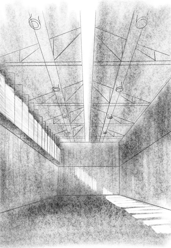 Croquis au fusain, cage d'escalier.