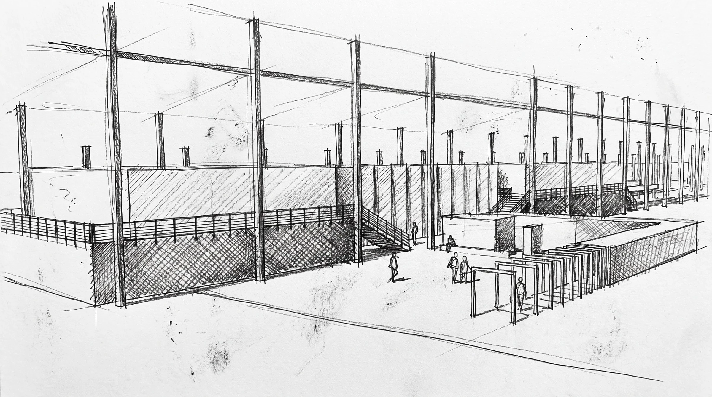 Croquis au crayon, perspective du parcours.