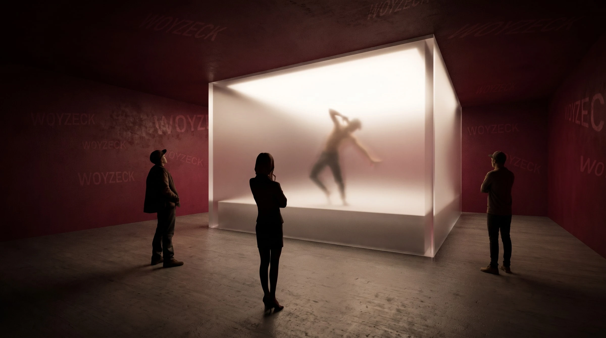 Woyzeck — la performance derrière le cube translucide.