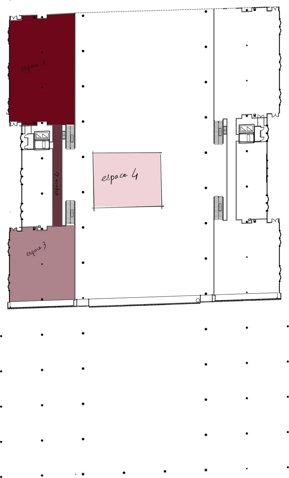 Zoning du parcours, quatre espaces.